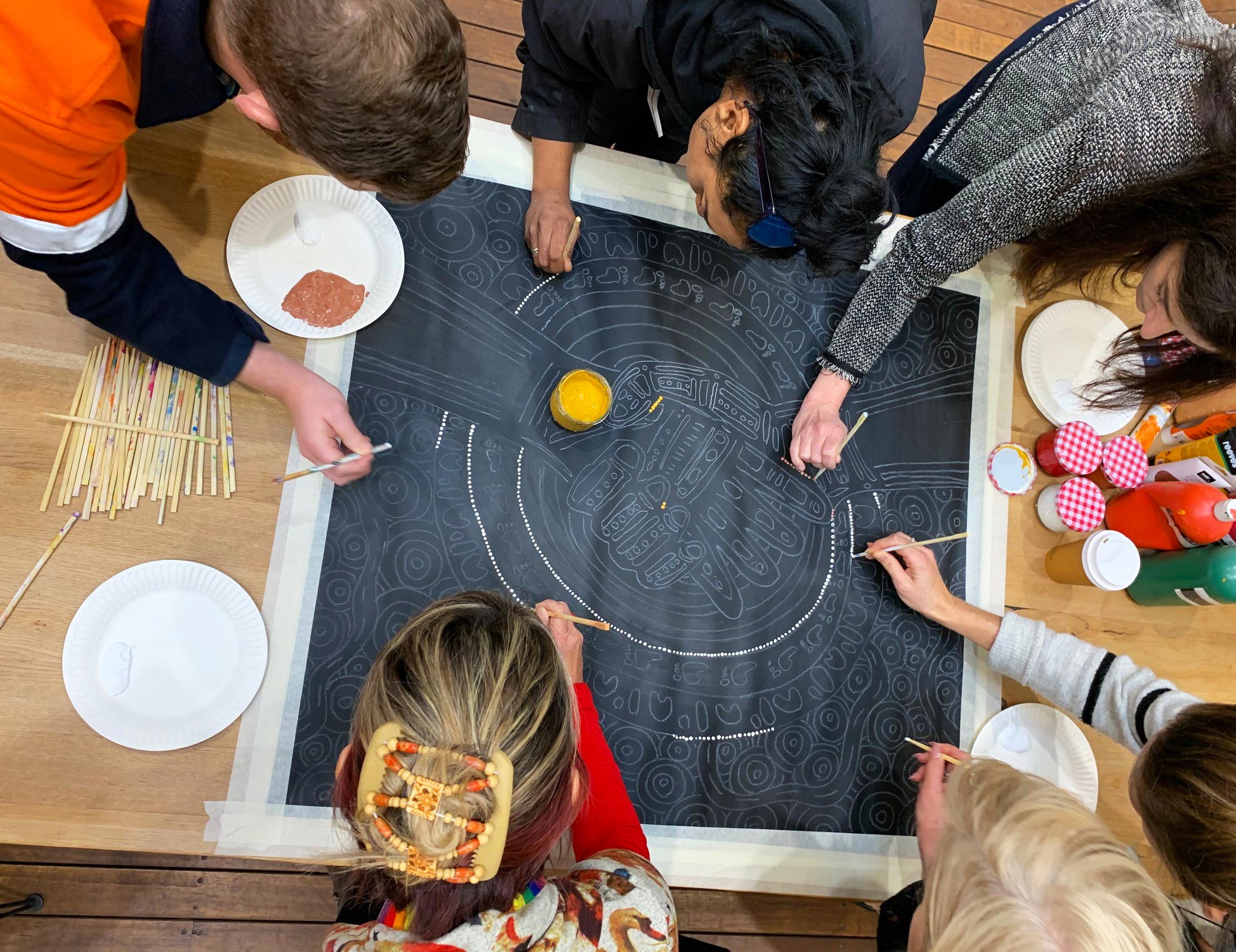 Photo from above a group of people collaborating on indigenous style artwork