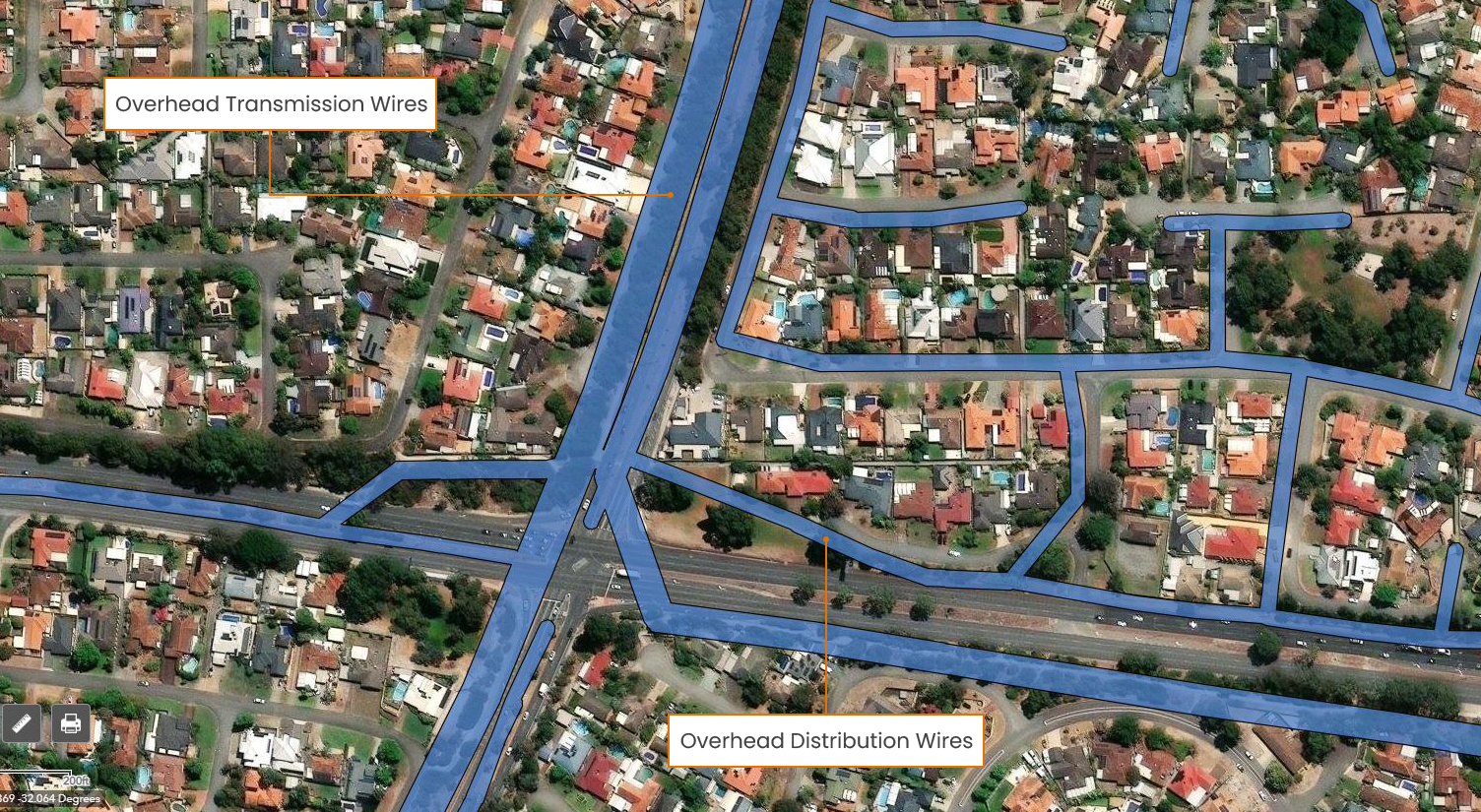 Overhead transmission wires and overhead distribution wires highlighted on an map