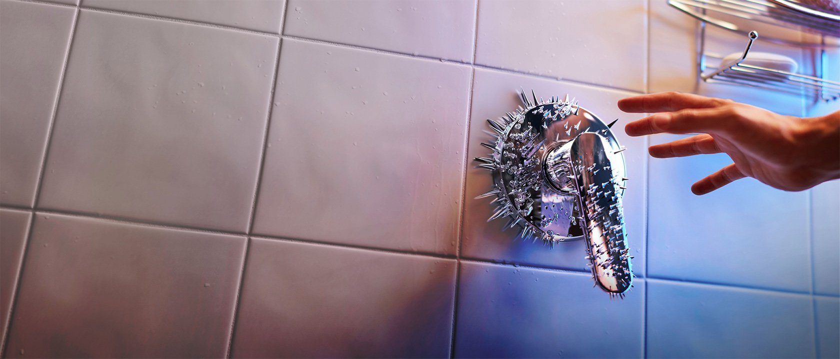 Hand reaching toward a shower tap covered in spikes, symbolising the danger of electric shocks or tingles in wet bathroom environments.